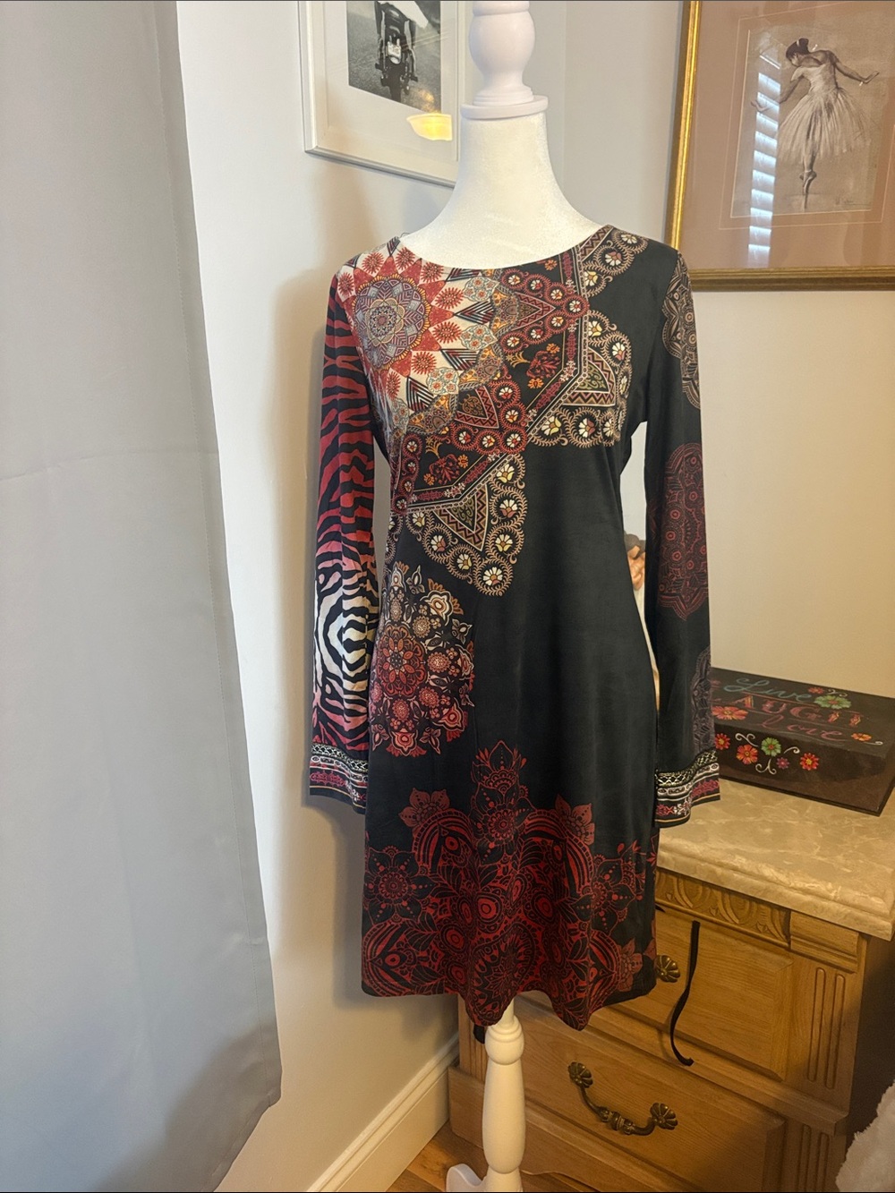 Black Long-Sleeve Printed A-Line Dress with Red Accents
